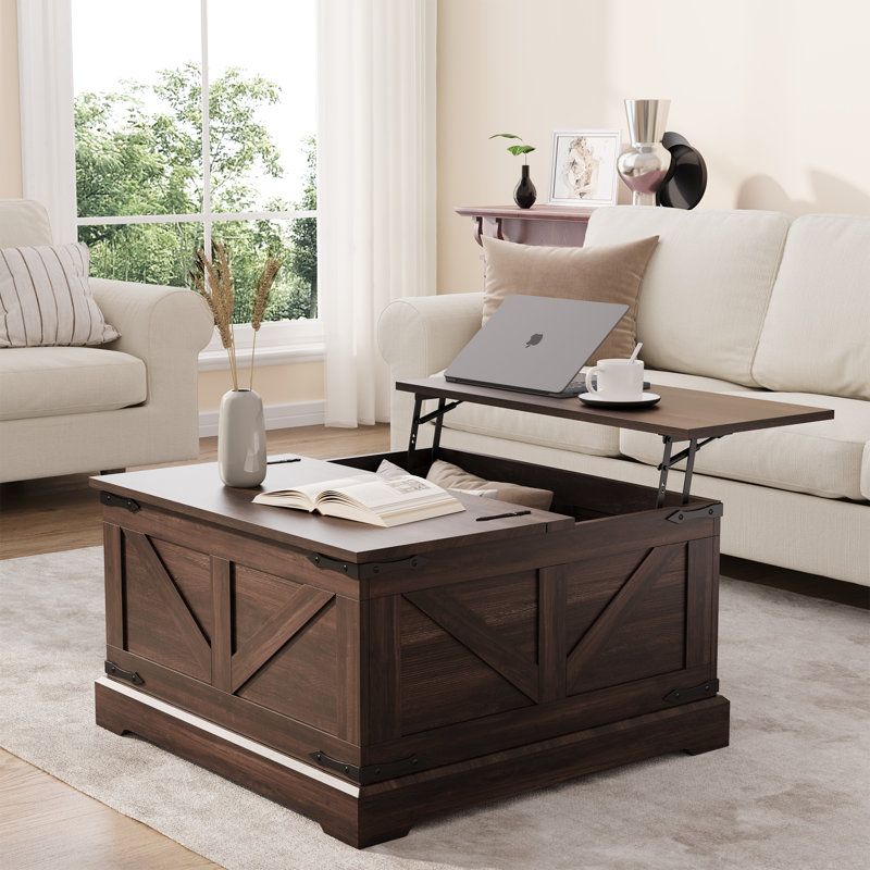 Table basse carrée avec rangement caché, table basse à plateau relevable pour salon, brun