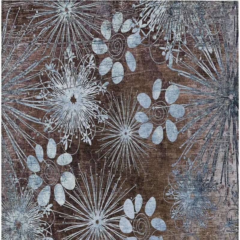 Tapis intérieur/extérieur lavable à motifs floraux brun et bleu ciel, 2,74 m x 3,66 m