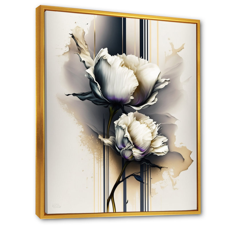 Peinture de pivoines blanches sur fond beige doré - Peinture sur toile, H 32 po x l 24 po x P 1 po