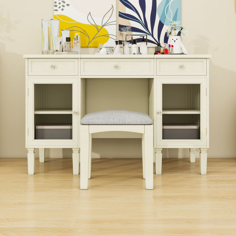 Bureau de coiffeuse 2 en 1 avec miroir, tabouret rembourré et grand rangement