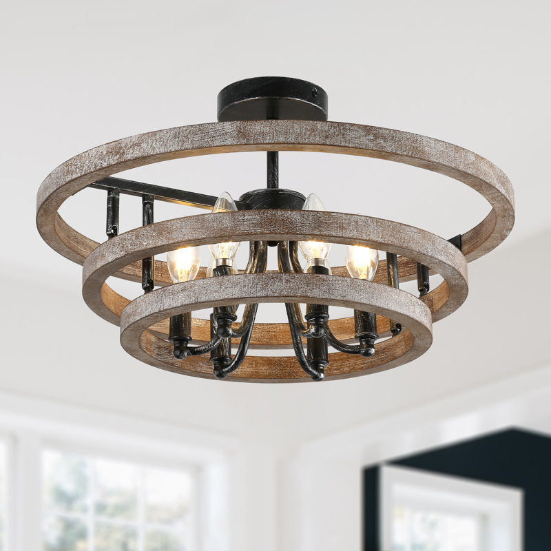 Lustre en bois massif à 6 lumières avec abat-jour en métal et abat-jour ajustable Farmhouse