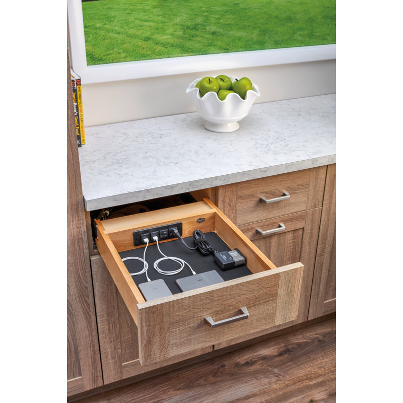 Wood Base Cabinet Charging Drawer Replacement System W/ Soft-Close, 4.32" H x 15" W x 22.75" D