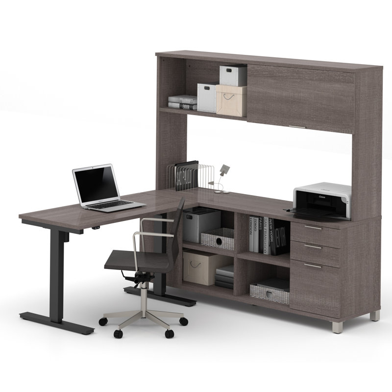 Ensemble de bureau Oriano avec pieds en métal, Écorce gris, 3 pièces (bureau à hauteur ajustable, bahut, bah