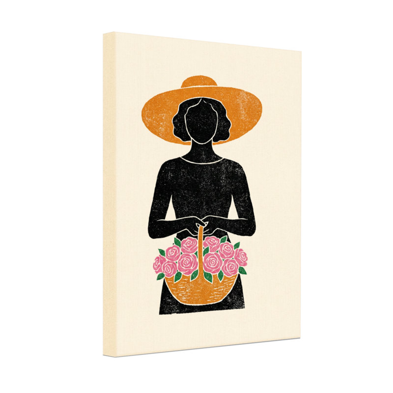 Plantes et fleurs, silhouette d'une femme avec un chapeau et un panier de fleurs