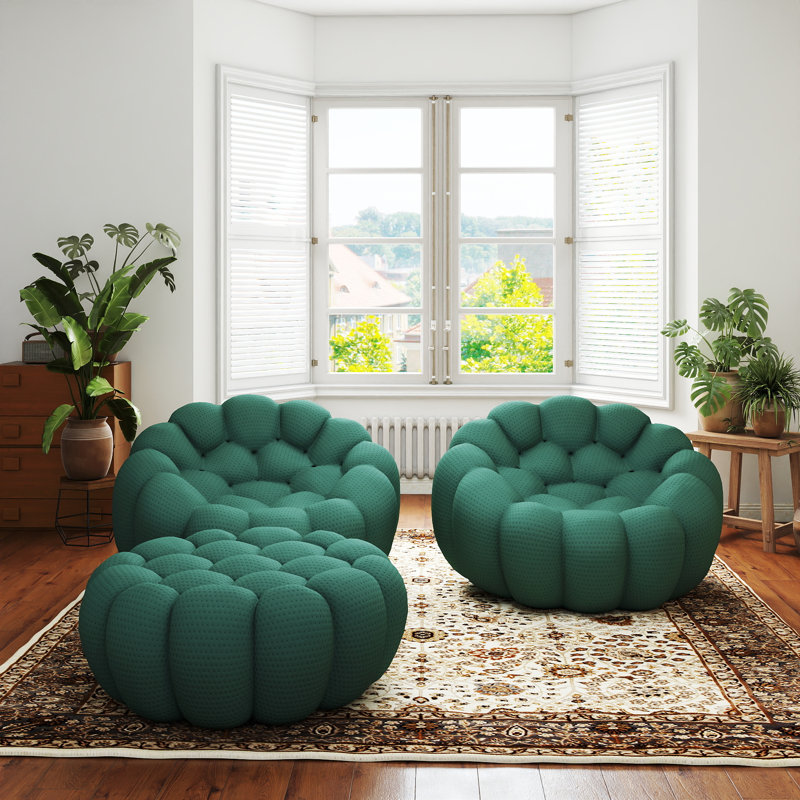 Kayi 48.43" Upholstered Pumpkin-shaped Club Accent Compression Chair With Ottoman(set Of 2), No Assembly Required, Green