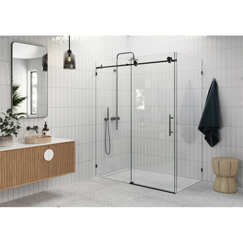 Nova 60 in. x 30 in. x 78 in. 90-degree Fully Frameless Sliding Glass Shower Enclosure, Matte Black