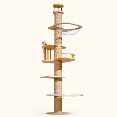 Arbre à chat du sol au plafond - Tour pour chat en bois massif à hauteur réglable (8 pi) avec poteau à griffer en sisal, capsule, lit de balustrade et hamac, installation sans perceuse pour chats d'intérieur (naturel)
