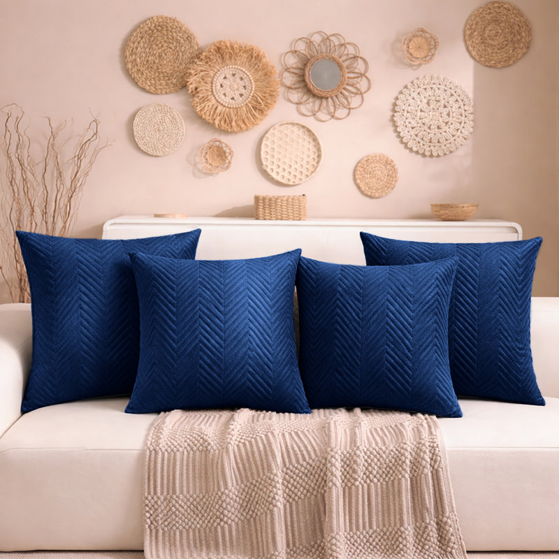 Aspire Homeware Embossed Square Velvet Cushion Cover, Navy, Pack of 4