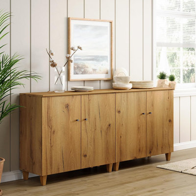 Sideboards Buffet Cabinets, 70.8" Wide Wooden Credenza Storage With 4 Doors, 2-in-1 Modern Kitchen Accent Cabinets With 6 Compartments For Living Room, Hallway, Oak Brown