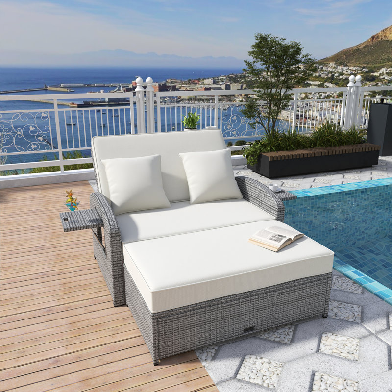 Outdoor PE Wicker Rattan Double Chaise Lounge,Patio Sofa Loveseat,2-Person Reclining Daybed With Adjustable Back And White Cushions, Free Furniture Protection Cover