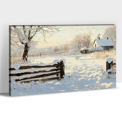 Art de paysage de Noël chalet de Noël sur toile, impressions de toile scène de clôture enneigée, décoration murale de photos d'hiver rustique pour le bureau de la chambre à coucher à la maison, affiche d'art de peinture de champ d'arbre rétro, 12 po x 16 po