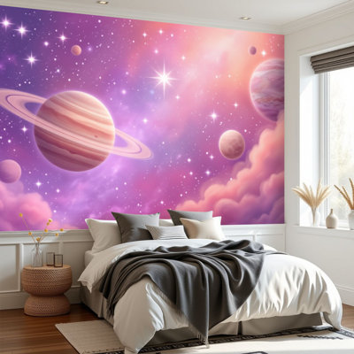 Papier peint adhésif peler et coller planètes cosmiques roses Étoile galaxie rêveuse Sky Ringed Planète géante autocollante amovible en papier contact mural pour le salon Chambre à coucher H 69 po x l 96 po