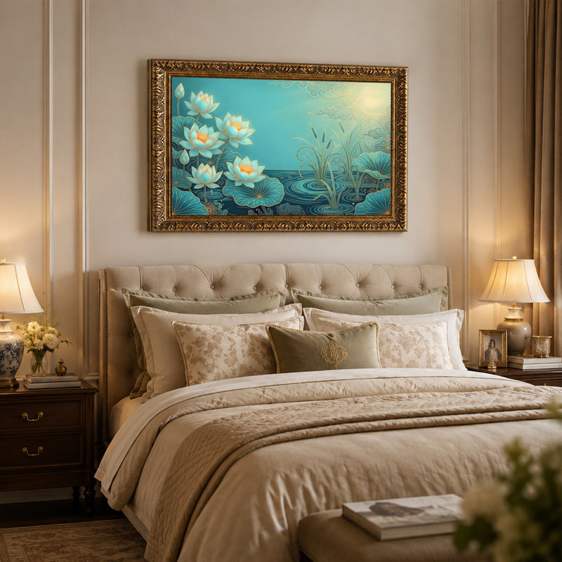 Art mural sur toile, fleurs de lotus sarcelle et quenouilles avec contours dorés, 20"H x 30"W