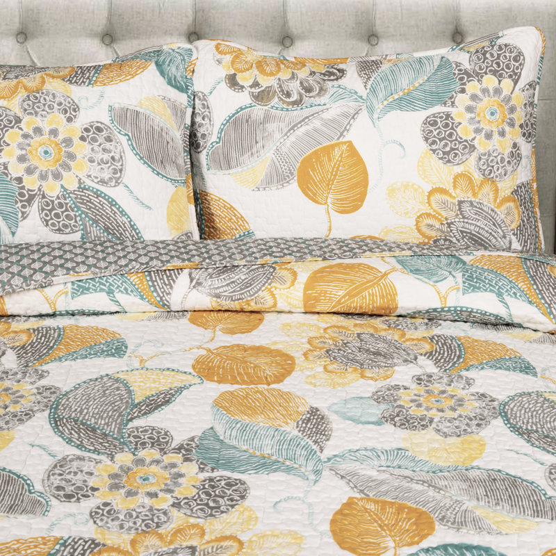 Lush Decor Layla Floral Reversible Cotton Quilt Set, Jaune/gris, Courtepointe pour lit double/grand et 2 taies déc