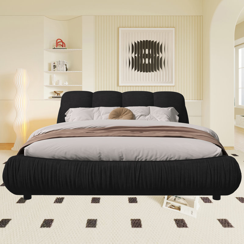 Upholstered Platform Bed with Oversized Padded Backrest, King, Black