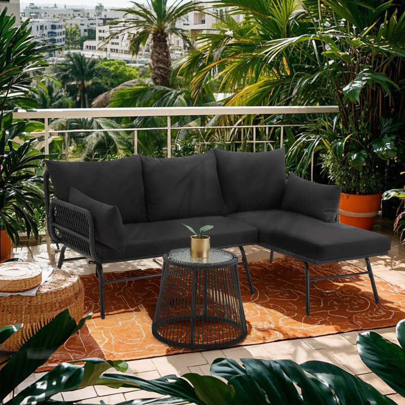 Outdoor L-Shaped Patio Rattan Furniture Set, 3-Piece Conversation Set, Black/Black