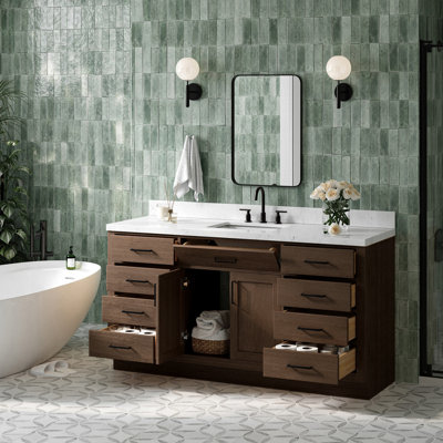 Meuble-lavabo simple en bois massif 66 po avec plateau en quartz Carrara de 1,5 po Thornaby