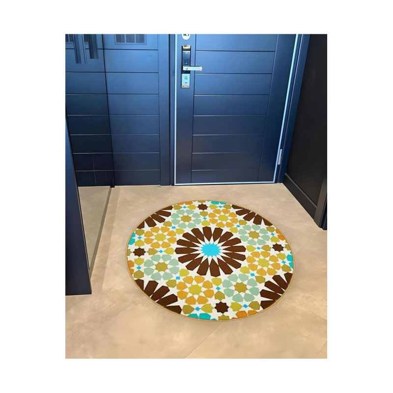 Fascinating Yellow Green Patterned Woven Base Decorative Carpet, Round 3'4"
