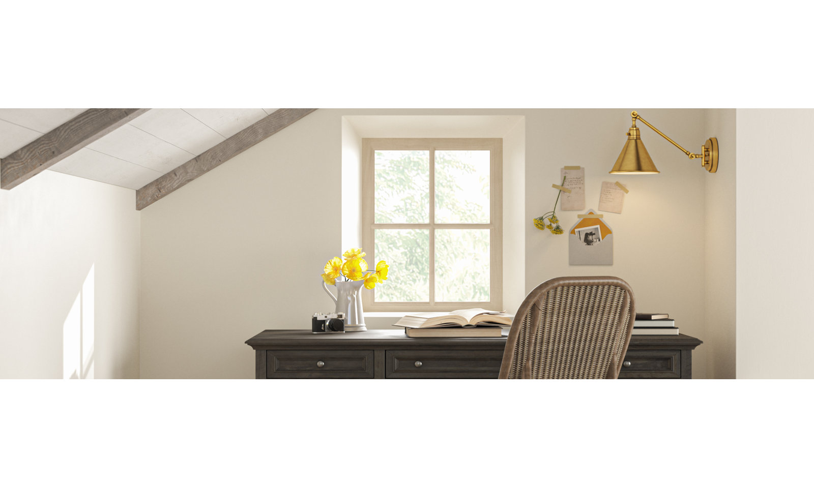 Kerey Solid Wood Base Executive Desk with Power Outlet, Weathered Charcoal
