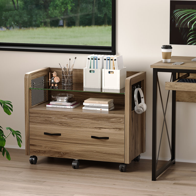 Preble Mobile File Cabinet with Drawer and Hooks, Natural
