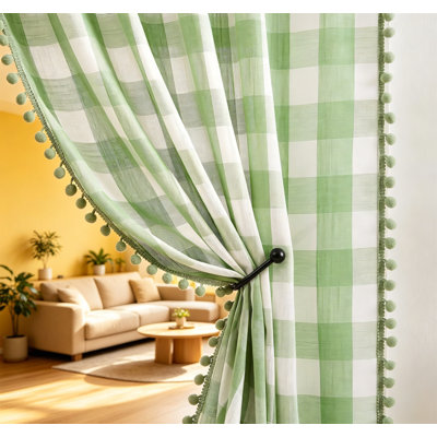 Farmhouse Pom Pom Curtains 84 Inch, Vintage Gingham Plaid Semi Sheer Rod Pocket Drapes for Living Room Bedroom Kitchen, 2 Panels