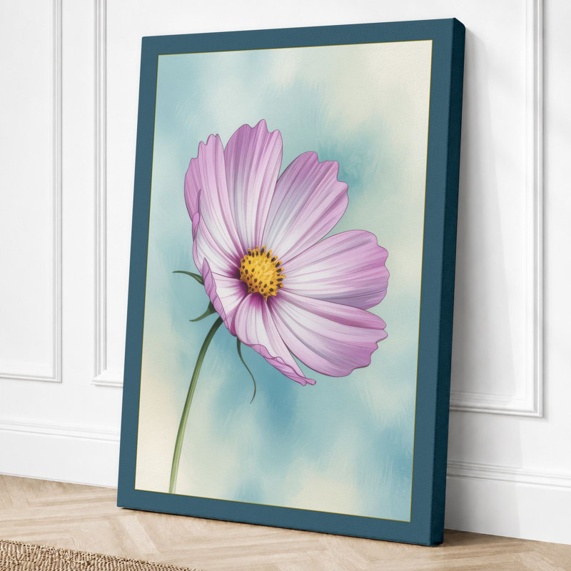 Pink Cosmos Bloom Botanical - Wrapped Canvas, 36x24 - 91.4 x 61.0 cm, Teal Border
