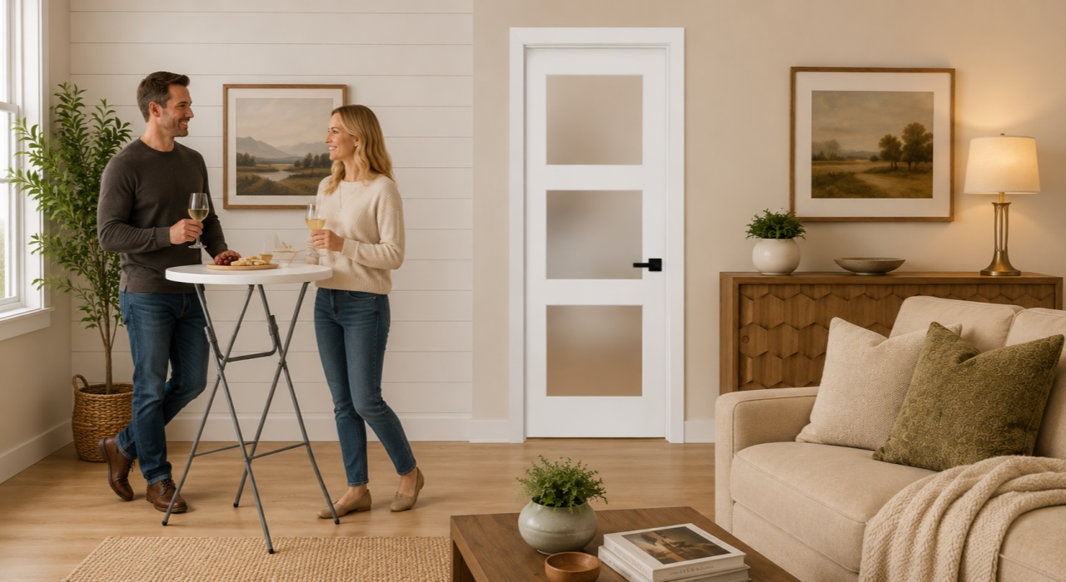 A couple stands in a bright, modern living room enjoying drinks at a tall bistro table beside a white interior door with three frosted glass panels.