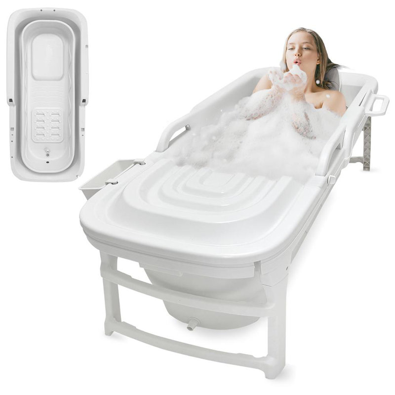 Ensemble de baignoire pliable de 1,5 m - comprend un couvercle, un plateau, un sac, un tuyau de drainage extensible, un coussin de bain et des rouleaux de massage pour une utilisation intérieure et extérieure (blanc)