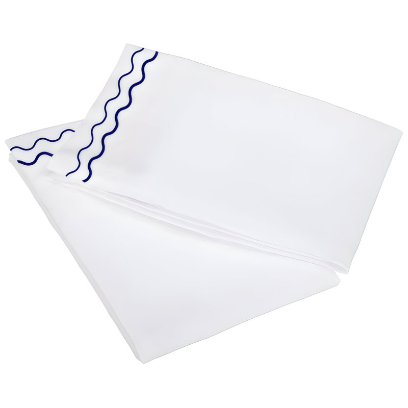 400TC Double Wavy Embroidered Cotton Pillowcases (Set Of 2), White/Navy Blue, 20"H x 36"W
