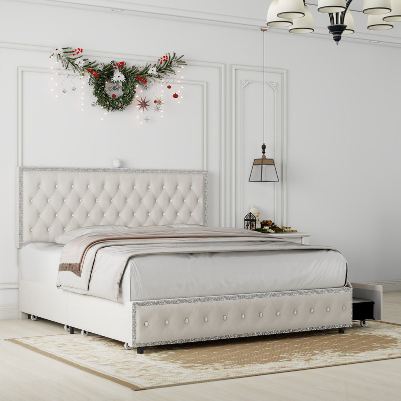 Upholstered Platform Storage Bed Frame With Galaxy Projector, 4 Dustproof Storage Drawers, Adjustable Vintage Nailhead Trim Headboard