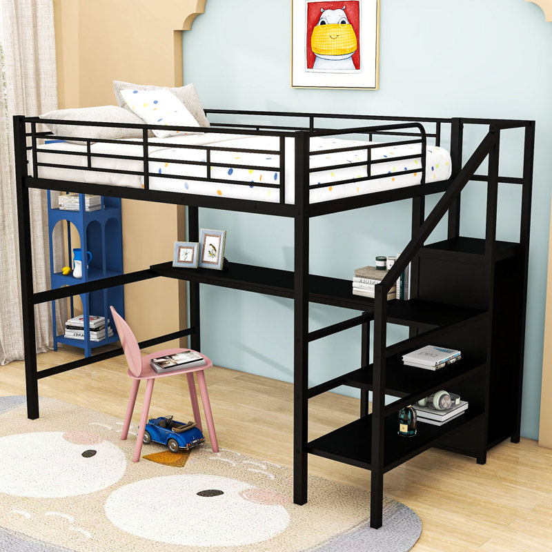 Lit mezzanine double avec bureau, garde-robe et lumière DEL