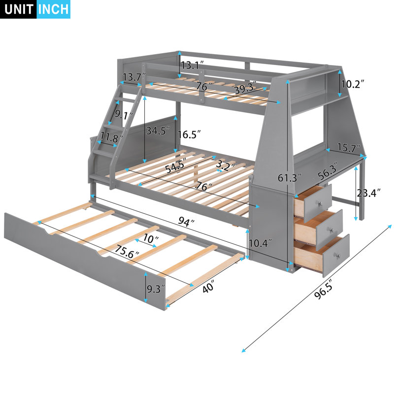 Lit superposé simple au dessus d'un lit double avec lit gigogne escamotable et bureau intégré, trois tiroirs de rangement et une tablette