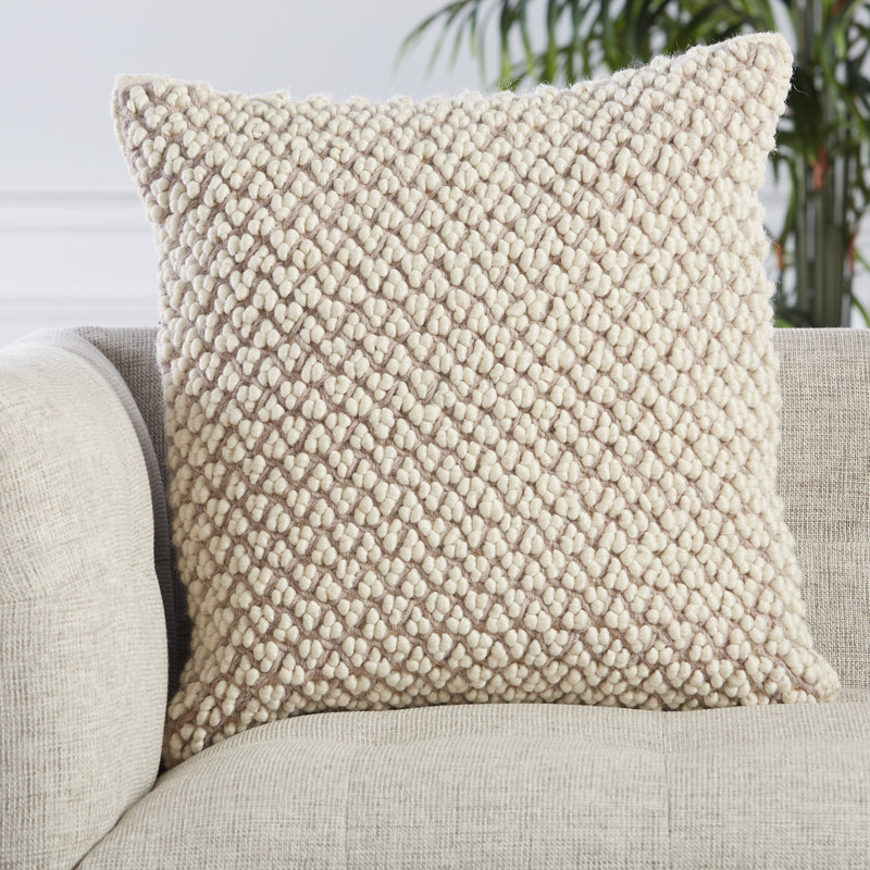 Ivory and Light Taupe Embroidered Wool Square Throw Pillow
