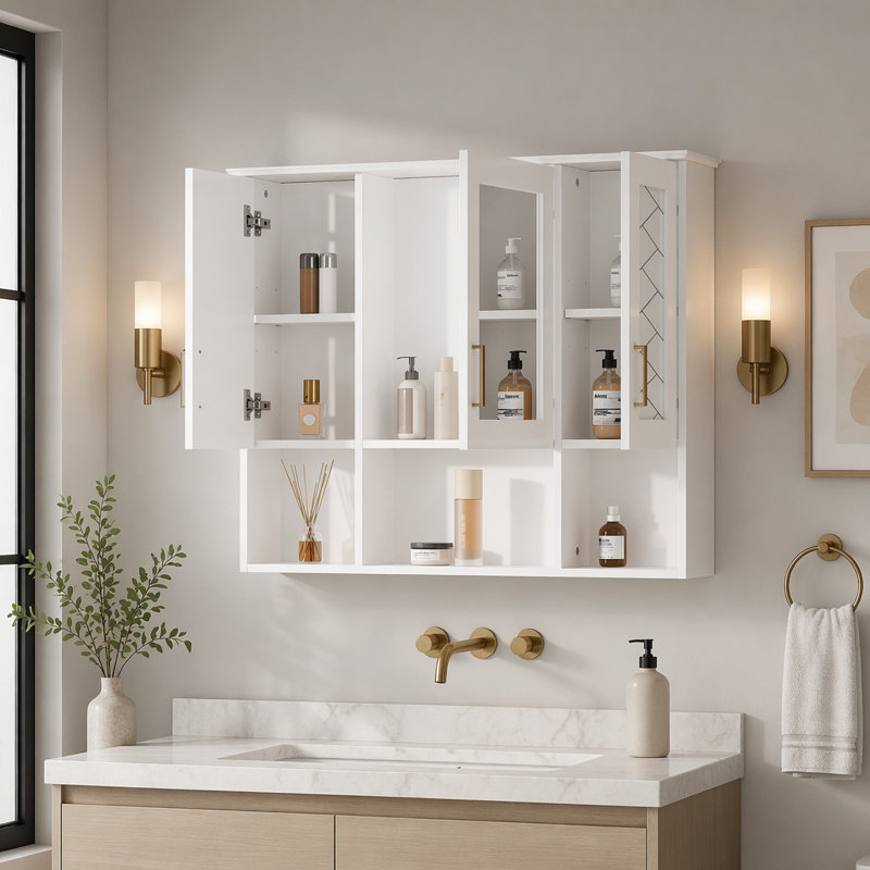 Armoire à pharmacie murale 35 pouces 2-en-1 avec tablettes réglables et portes à fermeture douce, miroir haute définition avec rangement pour meuble-lavabo