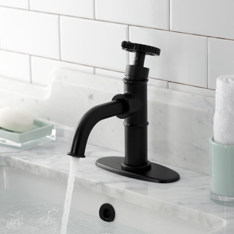 Kingston Brass Fuller Single-Handle 1-Hole Deck Mount Bathroom Faucet with Push Pop-Up and Deck Plate, Matte Black