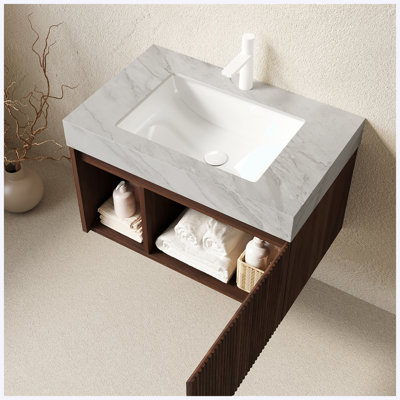 Meuble-lavabo suspendu de 91 cm (36 po) en imitation bois de noyer avec lavabo, dessus en pierre frittée veinée gris Carrara, lavabo en céramique et 1 trou pour robinet (robinet et bonde non inclus).