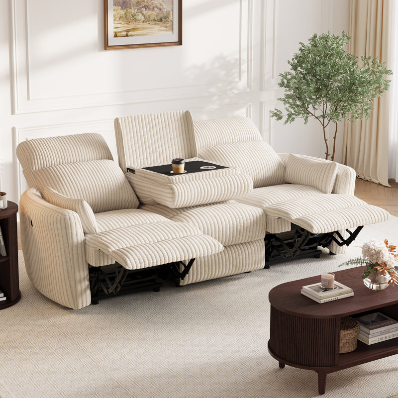 Canapé inclinable manuel Sherry de 80 po avec console centrale rabattable et USB, Beige