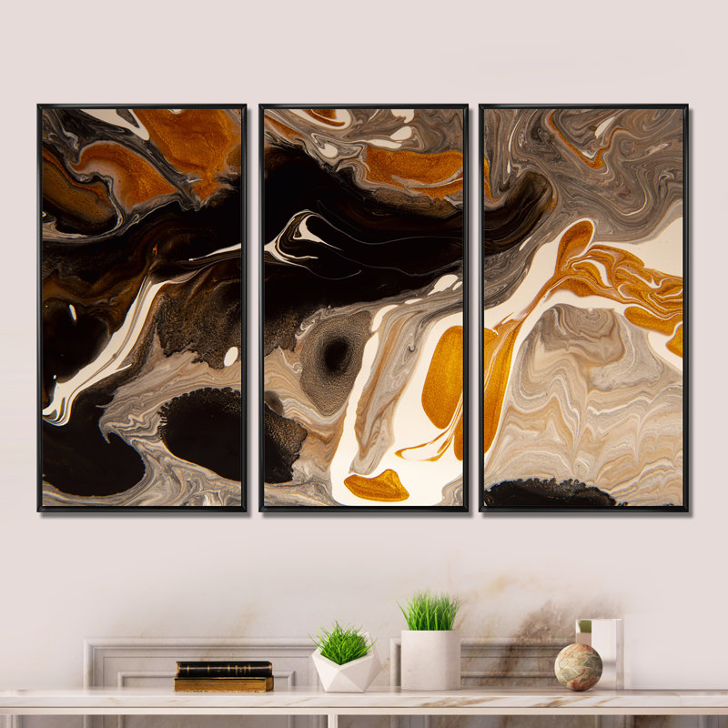 Orange orange, gris et noir paysage de paysage I - peinture sur toile flottante 3 pièces, Cadre noir