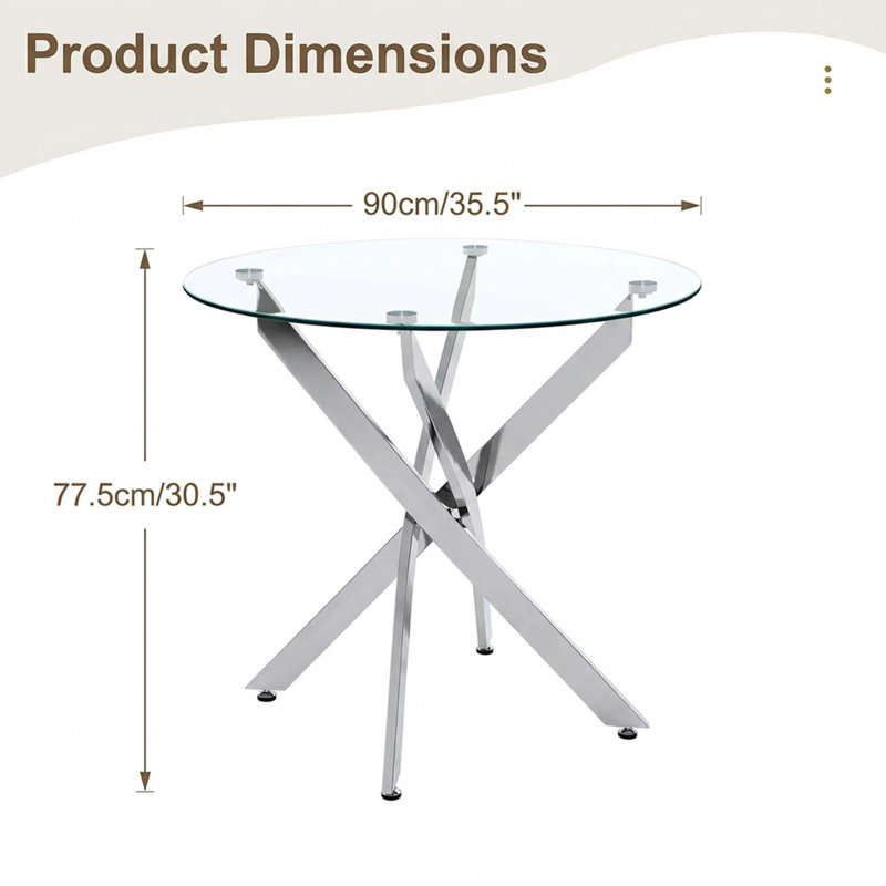 Round Dining Table, 35.5" Glass Dining Table With Legs, Modern Kitchen Table For Home Kitchen, Dining Room, Chrome