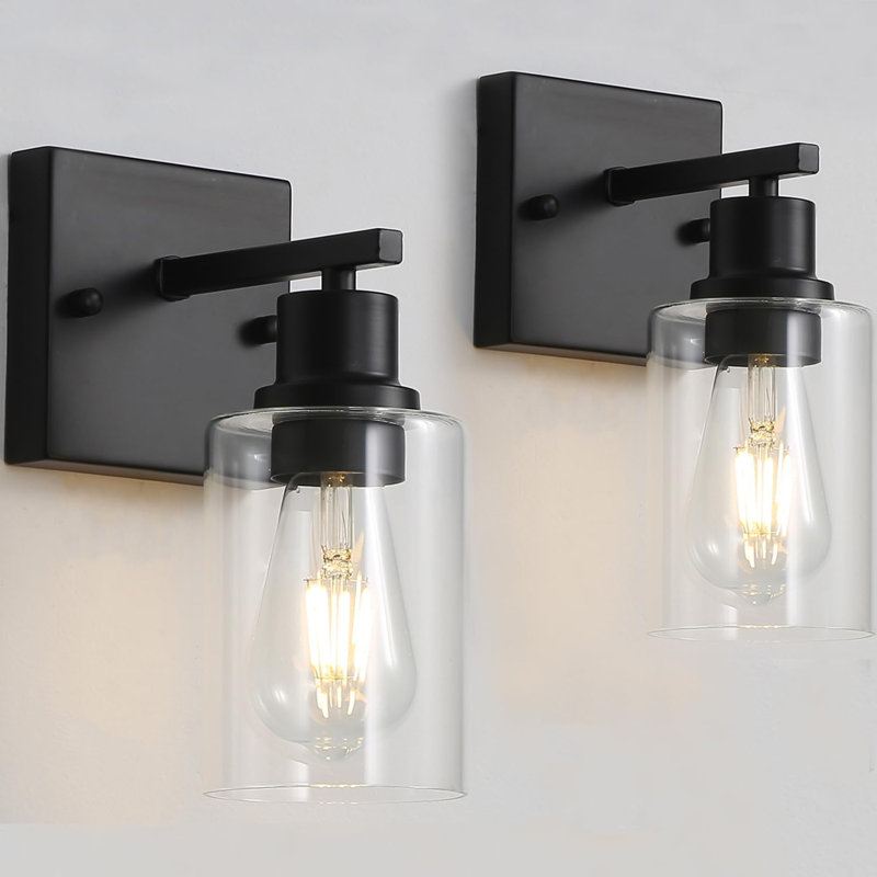 Farmhouse Modern Wall Lights Set Of 2, Vanity Lights With Clear Glass Shade For Bathroom, Bedroom, Living Room, Matte Black