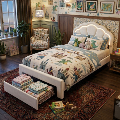 Smart LED White Velvet Upholstered Bed Frame With Storage Drawers, Scalloped Petal Headboard & App Control, European Single (90X200cm) & Double (140X200cm)