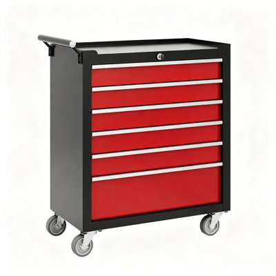 Professional 6-Drawer Rolling Tool Chest - Lockable Metal Storage Cabinet with Wheels, Drawer Liners, Portable Toolbox Organizer for Garage, Workshop, or Home - Red+Black