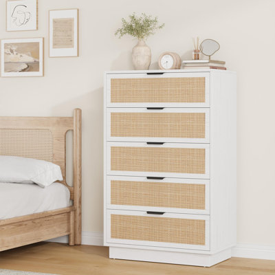White Rattan 5-Drawer Dresser, Wood Storage Cabinet with Integrated Frame for Hallway, Entry Area or Closet