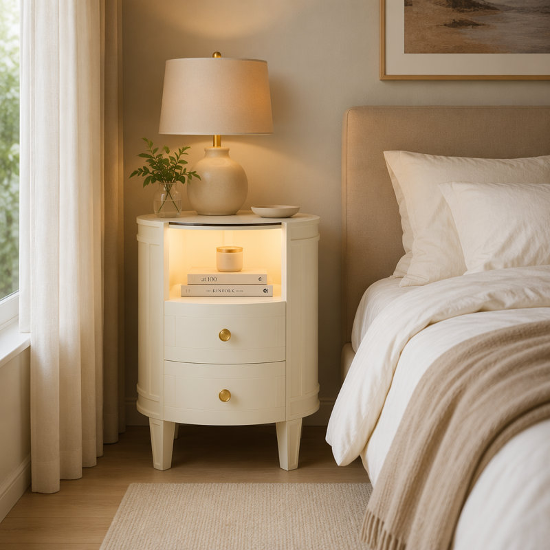 2-Drawer Nightstand with LED Light, Modern Side Table with Glass Tabletop