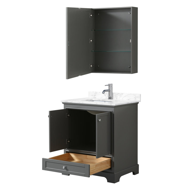 Ensemble de meuble-lavabo simple 30 "avec miroir Deborah, Marbre de culture blanc, Gris foncé, Noir mat