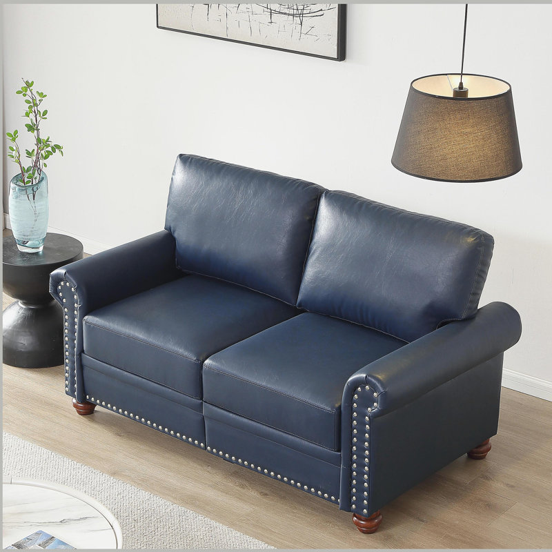 Living Room Sofa Loveseat Round Arm with Silver Nails Couch Navy Blue Faux Leather