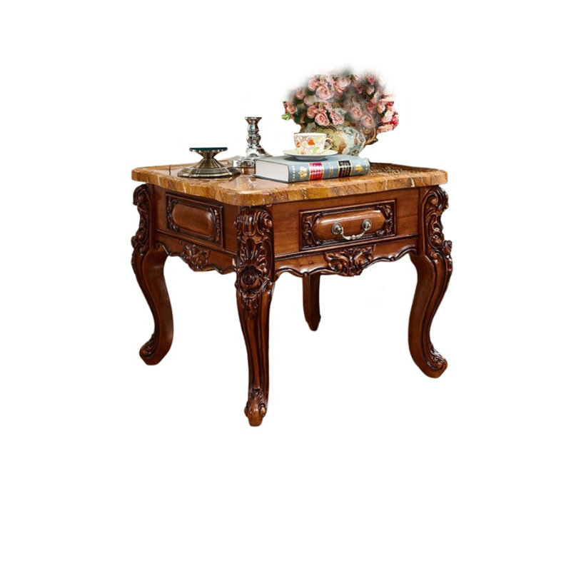 table de bout à tiroir en marbre et bois massif, H 22,83 po x L 27,56 po x l 27,56 po