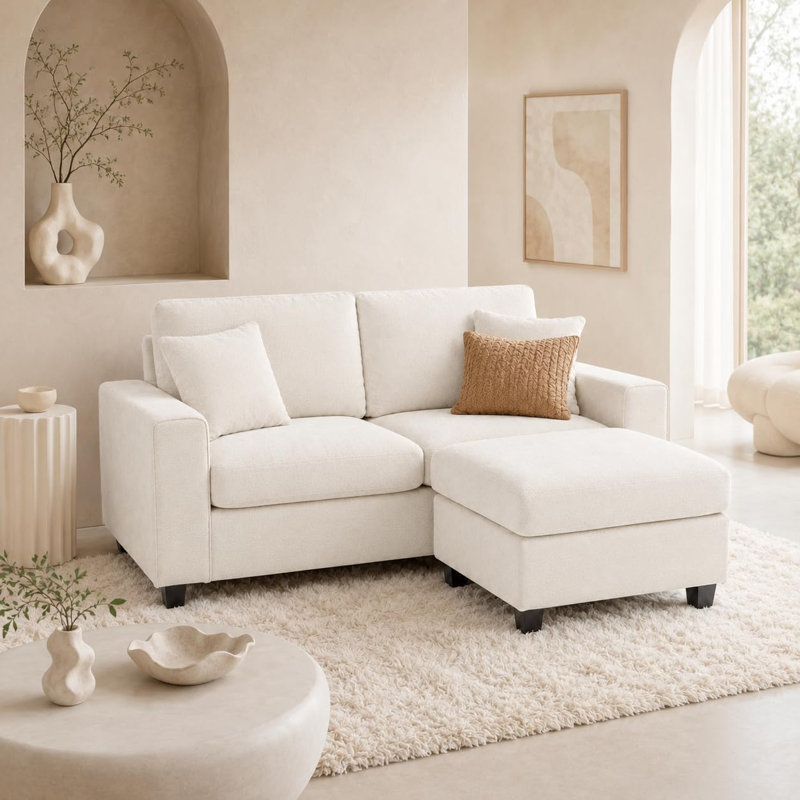 Canapé d'angle en L avec pouf, petit canapé pour salon, White