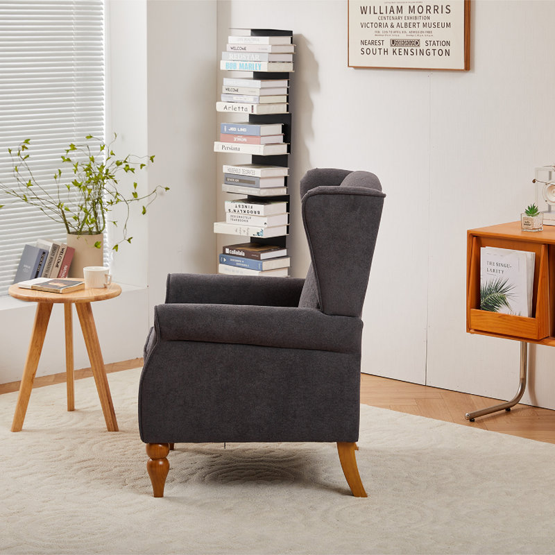 Une chaise de lecture confortable à haut dossier et une table basse en bois massif (couleur bois naturel), Gris foncé antique