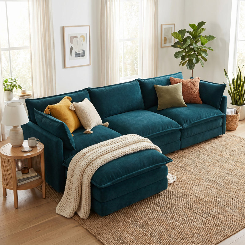 Canapé modulaire en L à 3 places avec repose-pieds ModuHaven, canapé rembourré en chenille avec 5 coussins, structure en bois massif robuste, mobilier de salon moderne, assemblage facile